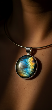 A silver-toned wire pendant necklace worn on a person's neck, featuring a round cabochon pendant with a highly reflective, iridescent surface showing blue, yellow, and green flashes.