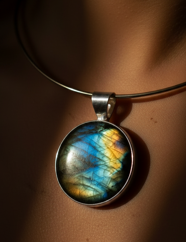 A silver-toned wire pendant necklace worn on a person's neck, featuring a round cabochon pendant with a highly reflective, iridescent surface showing blue, yellow, and green flashes.